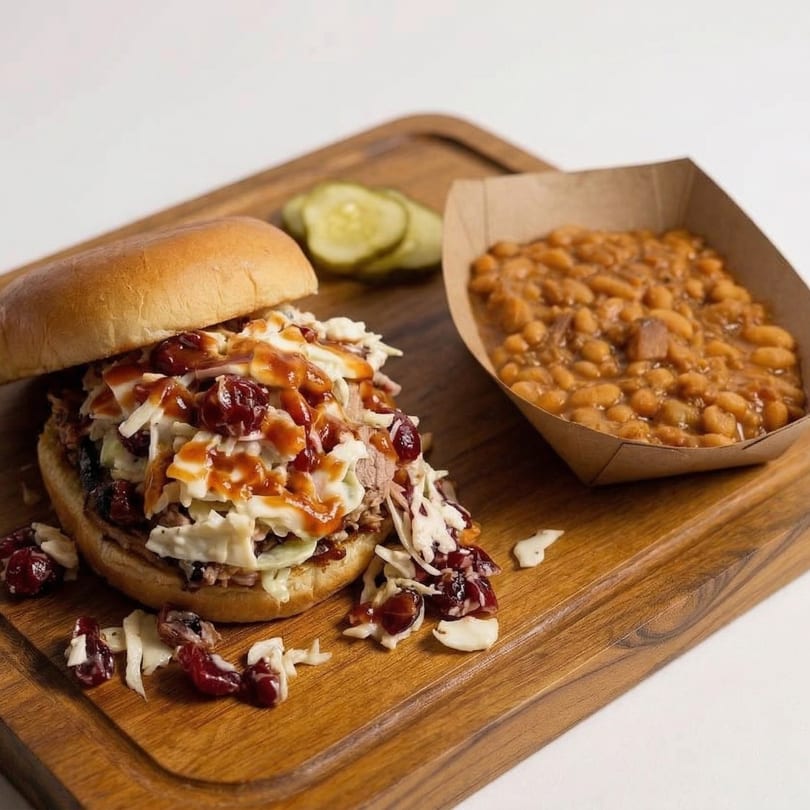 Pulled pork sandwich with coleslaw and cranberries, baked beans, and pickles on a wooden board.