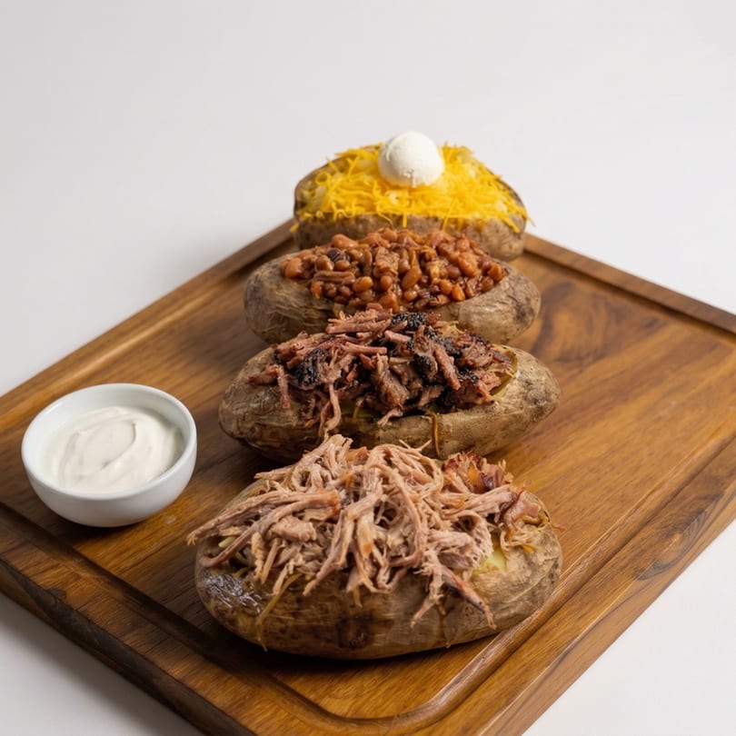 Four loaded baked potatoes with various toppings and a side of sour cream on a wooden board.